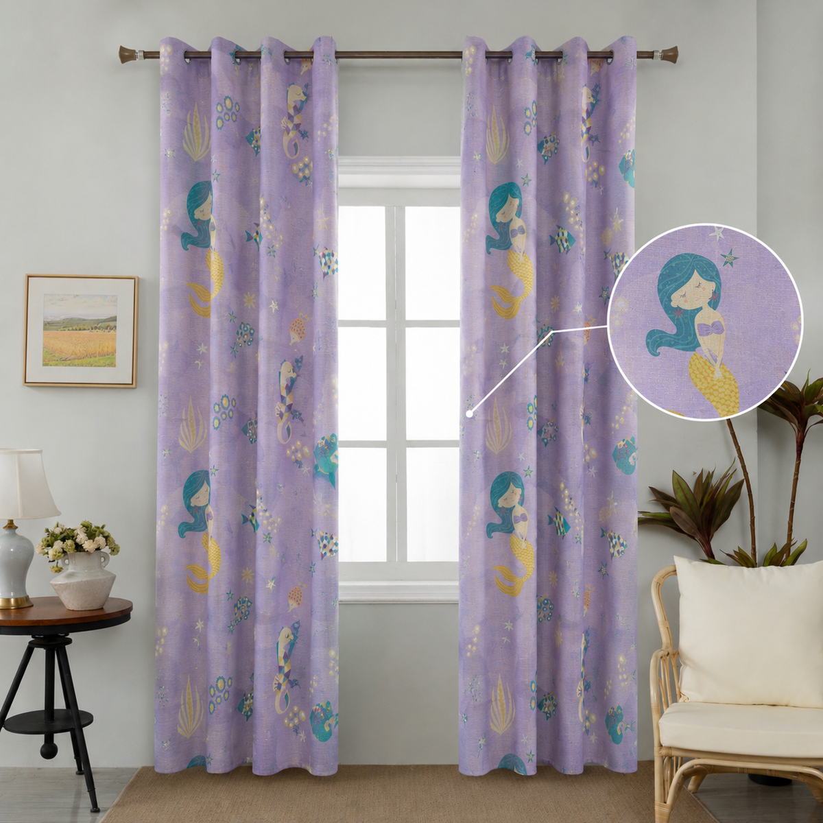 Παιδική κουρτίνα με γοργόνες λιλά 270 × 280 cm – 1 τεμάχιο
