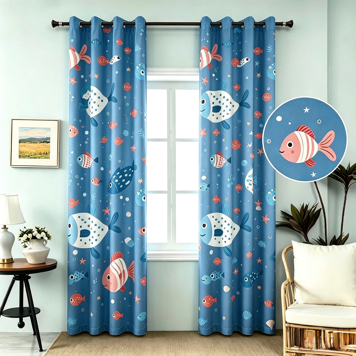 Παιδική κουρτίνα με ψαράκια μπλε 270 × 280 cm – 1 τεμάχιο