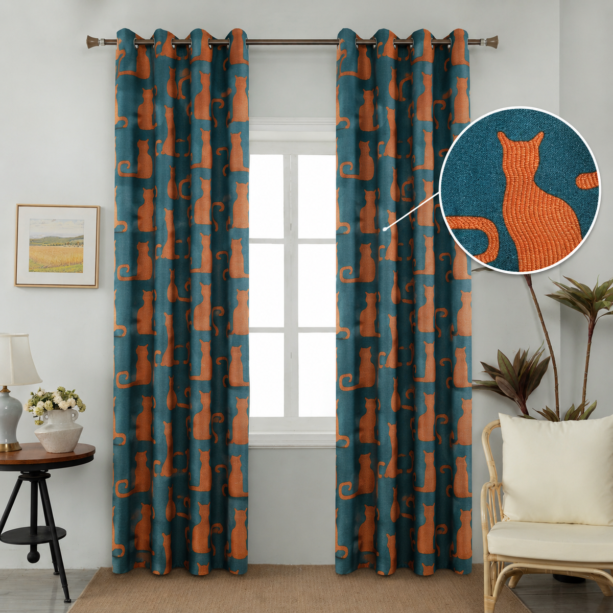 Παιδική κουρτίνα με γατάκια πετρόλ 270 × 280 cm – 1 τεμάχιο