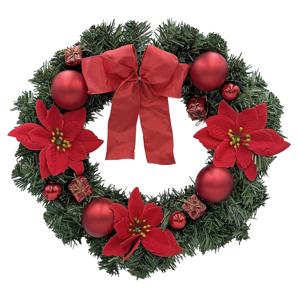 Στεφάνι Κόκκινο με Αλεξανδρινά, Μπάλες ø40cm Xmasfest 11388