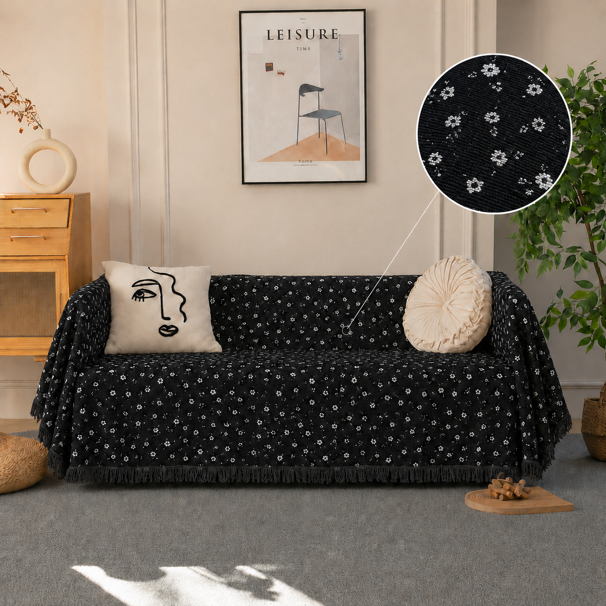 Chenille Ριχτάρι Καναπέ – C30-18 – Μαύρο Floral