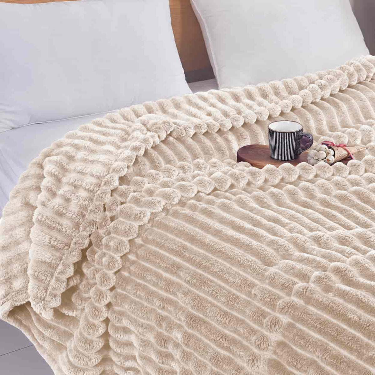 Κουβέρτα Extra Soft Ribbed Blanket με Ανάγλυφες Ρίγες - Κρεμ