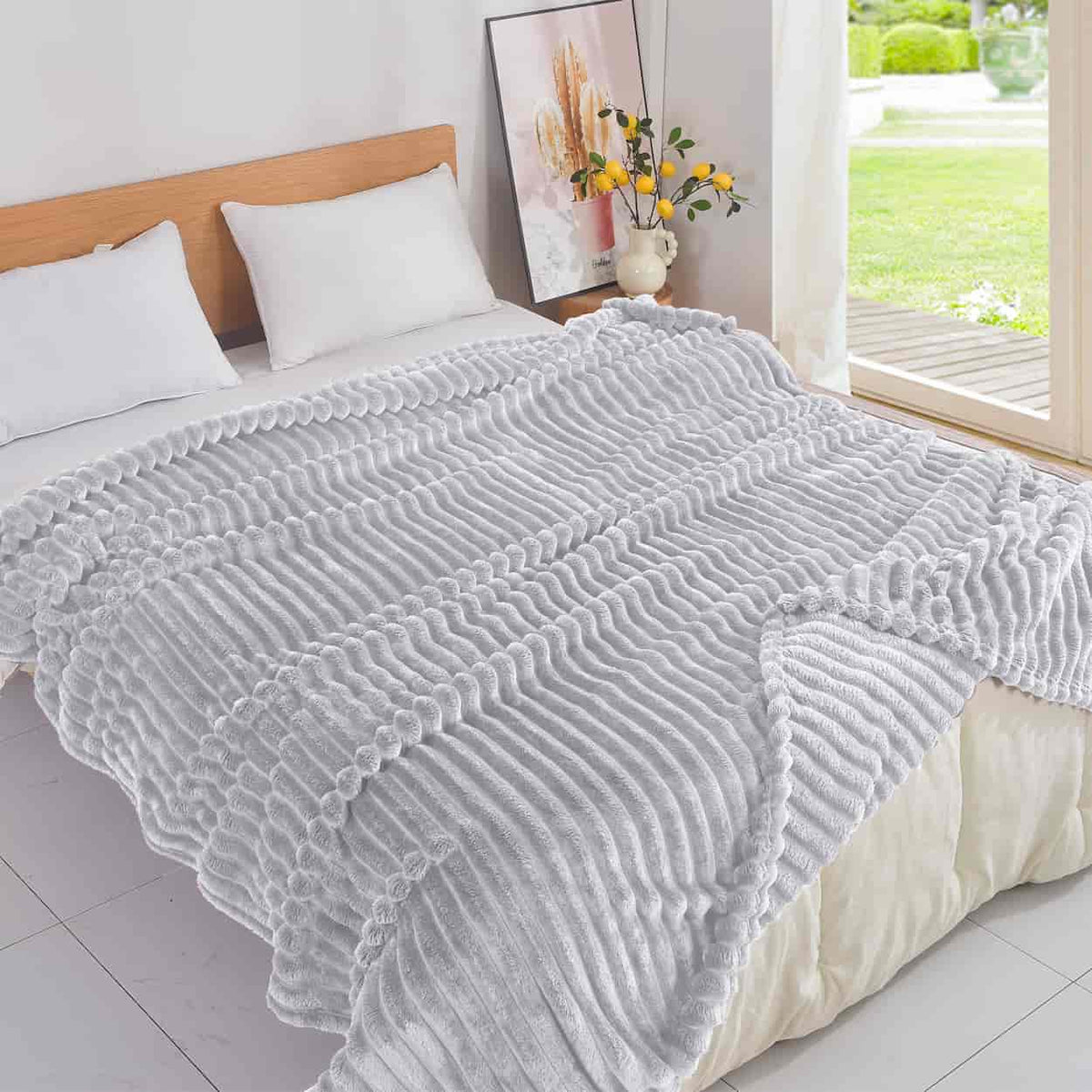 Κουβέρτα Extra Soft Ribbed Blanket με Ανάγλυφες Ρίγες - Ανοιχτό Γκρι