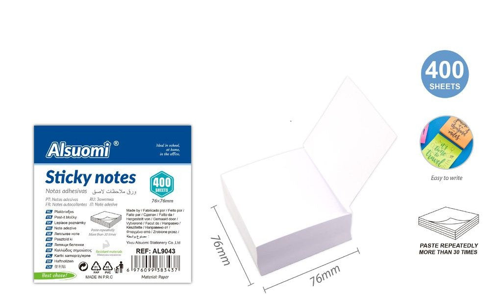 Sticky Notes – 400 Φύλλα, 76×76 mm, Λευκά Αυτοκόλλητα