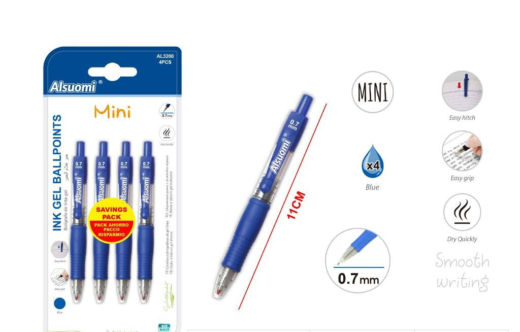 Σετ 4 Μπλε Στυλό Gel Ballpoint ALSUOMI AL3200 – 0,7mm, Ομαλή Γραφή